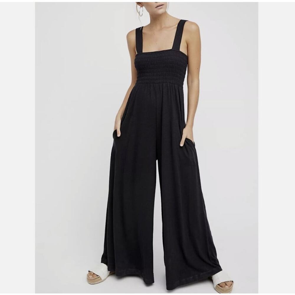 Free People Beach Black Smocked Wide Leg Jumpsuit XS Boho Lagenlook Lounge